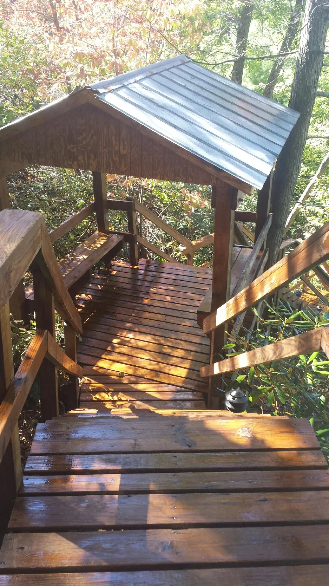 Freshly stained wood walkway and covered shelter with a metal roof in Daisetta